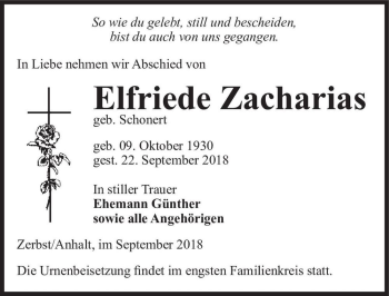 Traueranzeige von Elfriede Zacharias (geb. Schonert)  von Magdeburger Volksstimme