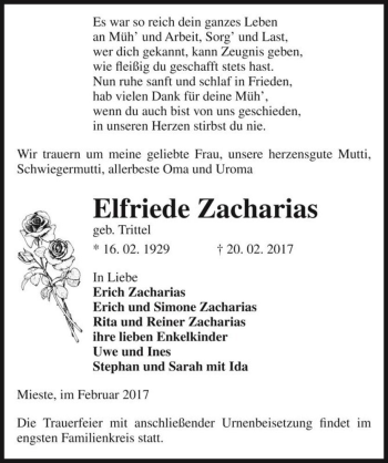 Traueranzeige von Elfriede Zacharias (geb. Trittel)  von Magdeburger Volksstimme