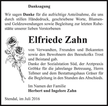 Traueranzeige von Elfriede Zahn  von Magdeburger Volksstimme