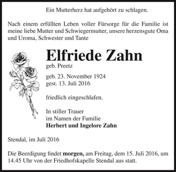 Traueranzeige von Elfriede Zahn (geb. Preetz)  von Magdeburger Volksstimme
