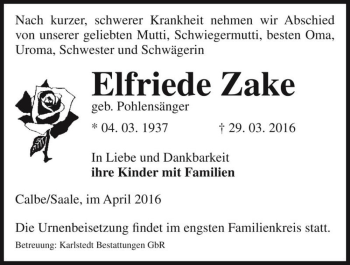 Traueranzeige von Elfriede Zake (geb. Pohlensänger)  von Magdeburger Volksstimme
