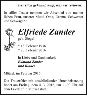 Traueranzeige von Elfriede Zander (geb. Siegel)  von Magdeburger Volksstimme