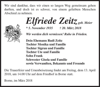 Traueranzeige von Elfriede Zeitz (geb. Meier)  von Magdeburger Volksstimme