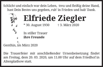 Traueranzeige von Elfriede Ziegler  von Magdeburger Volksstimme