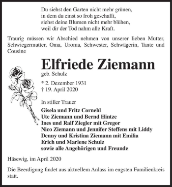 Traueranzeige von Elfriede Ziemann (geb. Schulz)  von Magdeburger Volksstimme