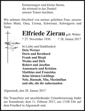 Traueranzeige von Elfriede Zierau (geb. Walter)  von Magdeburger Volksstimme
