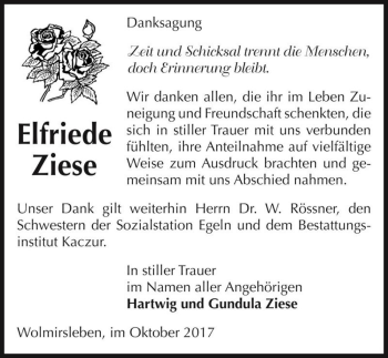 Traueranzeige von Elfriede Ziese  von Magdeburger Volksstimme