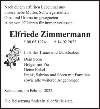 Traueranzeige von Elfriede Zimmermann  von Magdeburger Volksstimme