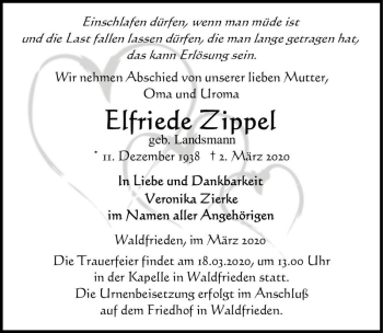 Traueranzeige von Elfriede Zippel (geb. Landsmann)  von Magdeburger Volksstimme
