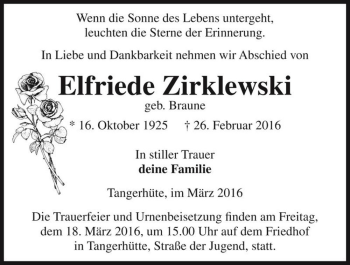Traueranzeige von Elfriede Zirklewski (geb. Braune)  von Magdeburger Volksstimme