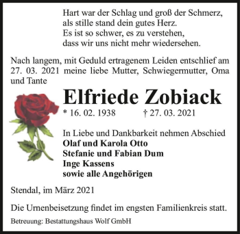 Traueranzeige von Elfriede Zobiack  von Magdeburger Volksstimme
