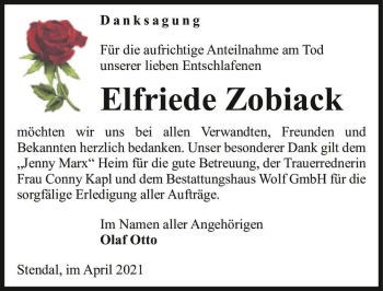 Traueranzeige von Elfriede Zobiack  von Magdeburger Volksstimme