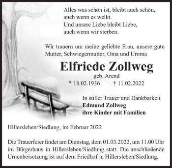 Traueranzeige von Elfriede Zollweg (geb.  Arend)  von Magdeburger Volksstimme