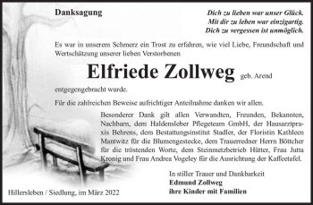 Traueranzeige von Elfriede Zollweg (geb. Arend)  von Magdeburger Volksstimme