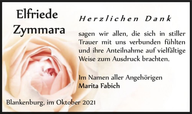  Traueranzeige für Elfriede Zymmara  vom 23.10.2021 aus Magdeburger Volksstimme