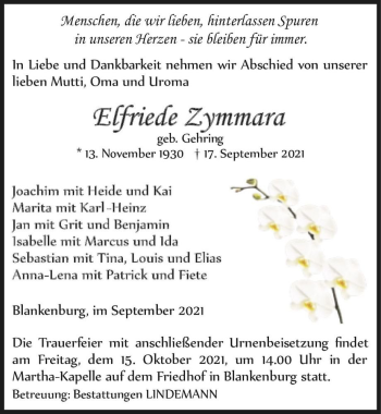Traueranzeige von Elfriede Zymmara (geb. Gehrig)  von Magdeburger Volksstimme