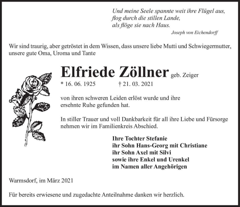  Traueranzeige für Elfriede Zöllner (geb. Zeiger)  vom 27.03.2021 aus Magdeburger Volksstimme