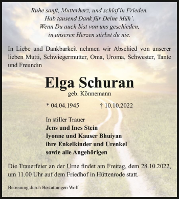 Traueranzeige von Elga Schuran (geb. Könnemann)  von Magdeburger Volksstimme