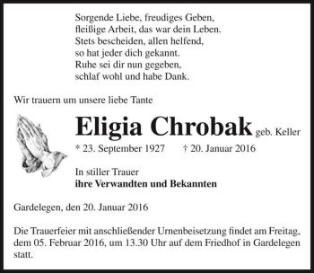 Traueranzeige von Eligia Chrobak (geb. Keller)  von Magdeburger Volksstimme
