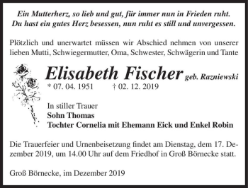 Traueranzeige von Elilsabeth Fischer (geb. Razniewski)  von Magdeburger Volksstimme