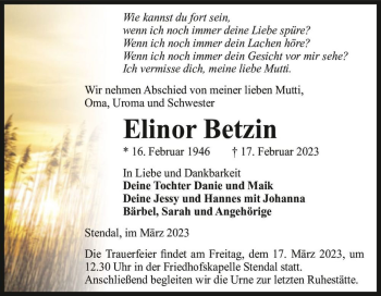 Traueranzeige von Elinor Betzin  von Magdeburger Volksstimme
