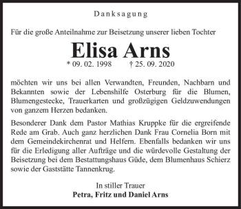 Traueranzeige von Elisa Arns  von Magdeburger Volksstimme