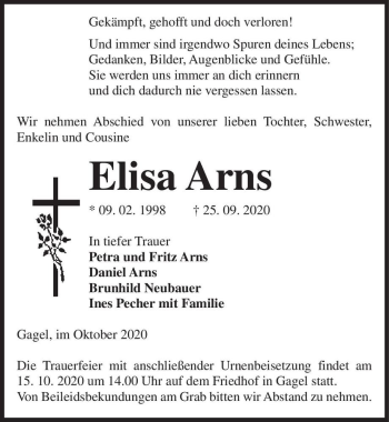 Traueranzeige von Elisa Arns  von Magdeburger Volksstimme