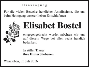 Traueranzeige von Elisabet Bostel  von Magdeburger Volksstimme