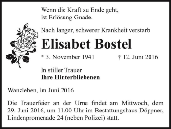Traueranzeige von Elisabet Bostel  von Magdeburger Volksstimme