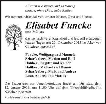 Traueranzeige von Elisabet Funcke (geb. Müllers)  von Magdeburger Volksstimme