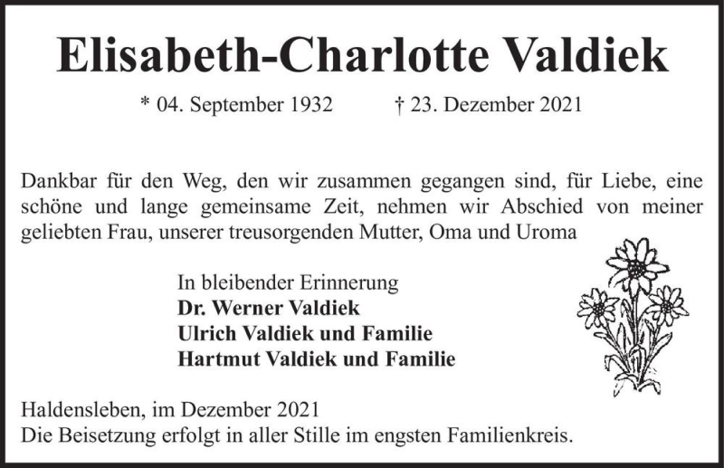  Traueranzeige für Elisabeth-Charlotte Valdiek  vom 28.12.2021 aus Magdeburger Volksstimme