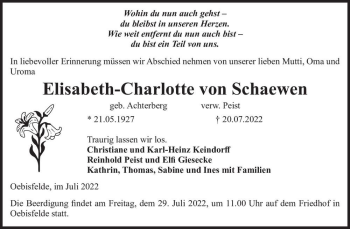 Traueranzeige von Elisabeth-Charlotte von Schaewen (geb. Achterberg)  von Magdeburger Volksstimme