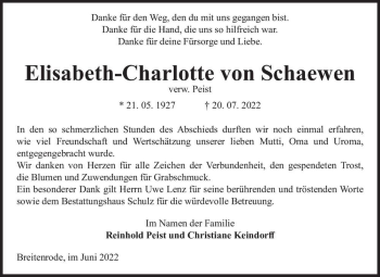 Traueranzeige von Elisabeth-Charlotte von Schaewen Verw. Peist  von Magdeburger Volksstimme
