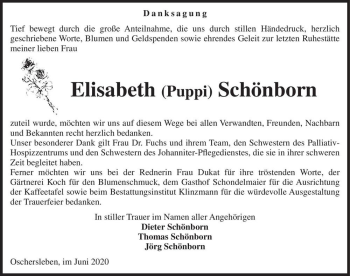 Traueranzeige von Elisabeth (Puppi) Schönborn  von Magdeburger Volksstimme