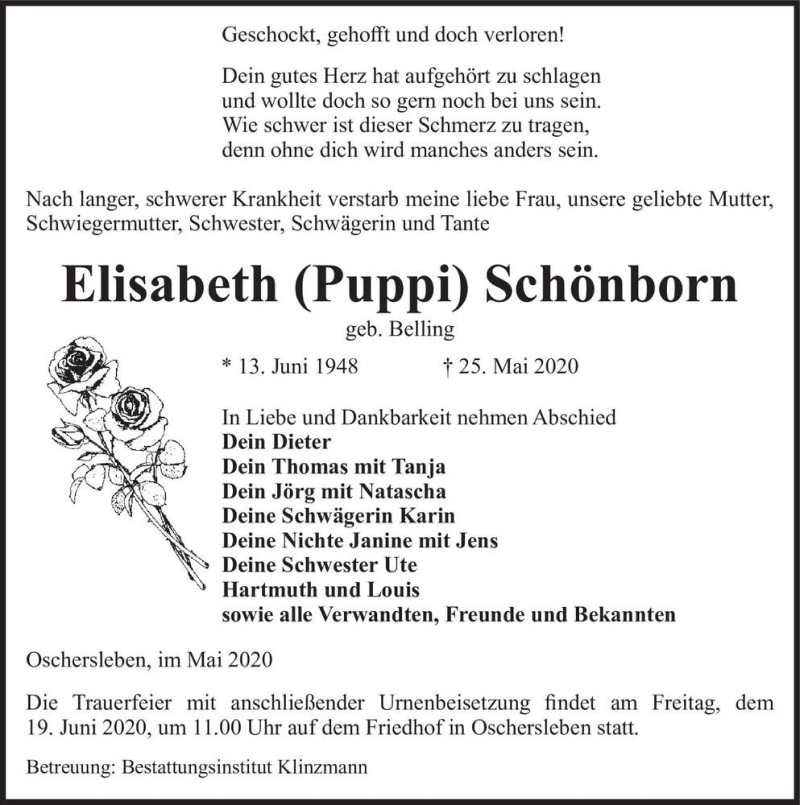  Traueranzeige für Elisabeth (Puppi) Schönborn (geb. Belling)  vom 30.05.2020 aus Magdeburger Volksstimme
