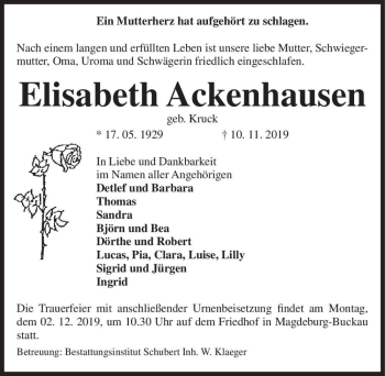 Traueranzeige von Elisabeth Ackenhausen (geb. Kruck)  von Magdeburger Volksstimme