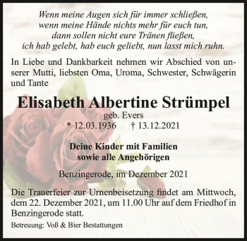 Traueranzeige von Elisabeth Albertine Strümpel (geb. Evers)  von Magdeburger Volksstimme