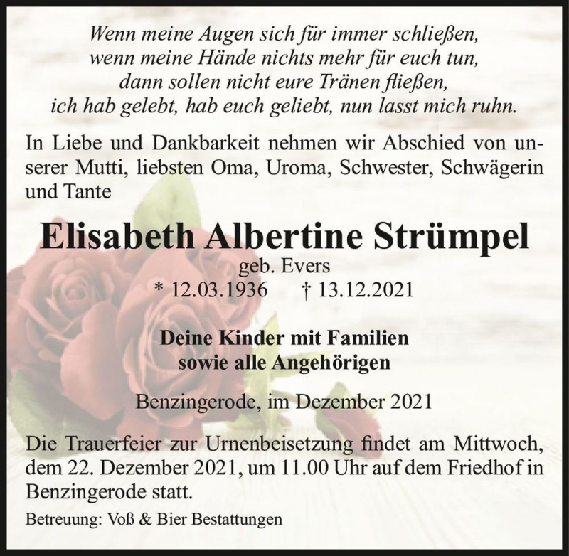  Traueranzeige für Elisabeth Albertine Strümpel (geb. Evers)  vom 18.12.2021 aus Magdeburger Volksstimme