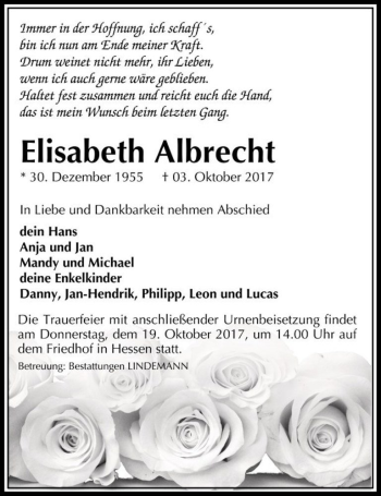 Traueranzeige von Elisabeth Albrecht  von Magdeburger Volksstimme