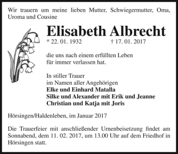Traueranzeige von Elisabeth Albrecht  von Magdeburger Volksstimme
