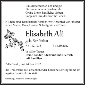 Traueranzeige von Elisabeth Alt (geb. Schönian)  von Magdeburger Volksstimme