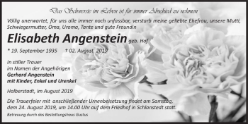 Traueranzeige von Elisabeth Angenstein (geb. Hof)  von Magdeburger Volksstimme