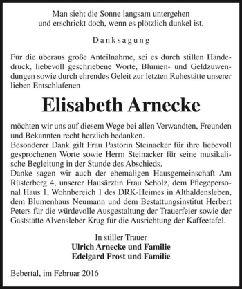 Traueranzeige von Elisabeth Arnecke  von Magdeburger Volksstimme