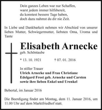 Traueranzeige von Elisabeth Arnecke (geb. Schöntaube)  von Magdeburger Volksstimme