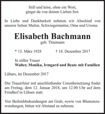 Traueranzeige von Elisabeth Bachmann (geb. Thiemann)  von Magdeburger Volksstimme