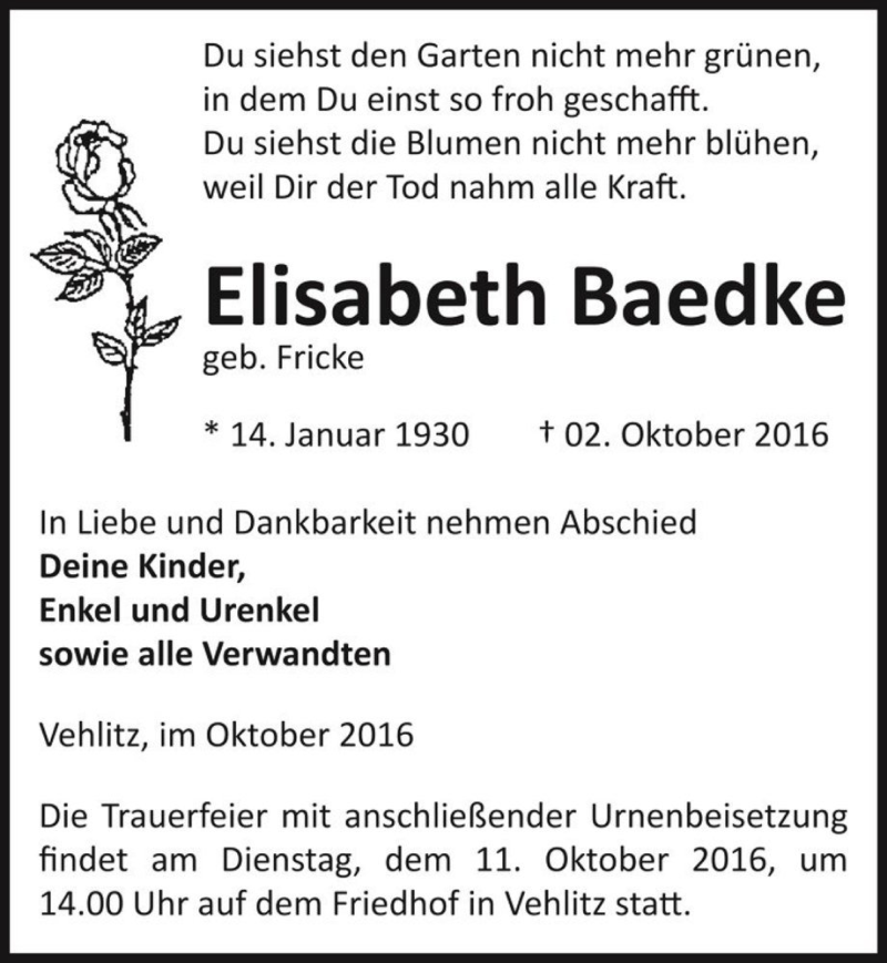  Traueranzeige für Elisabeth Baedke (geb. Fricke)  vom 08.10.2016 aus Magdeburger Volksstimme