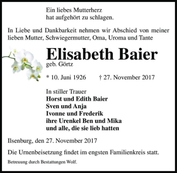 Traueranzeige von Elisabeth Baier (geb. Görtz)  von Magdeburger Volksstimme