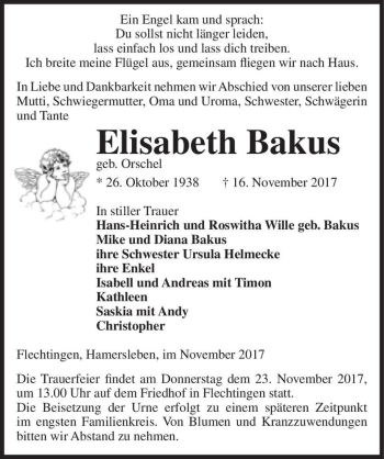 Traueranzeige von Elisabeth Bakus (geb. Orschel)  von Magdeburger Volksstimme