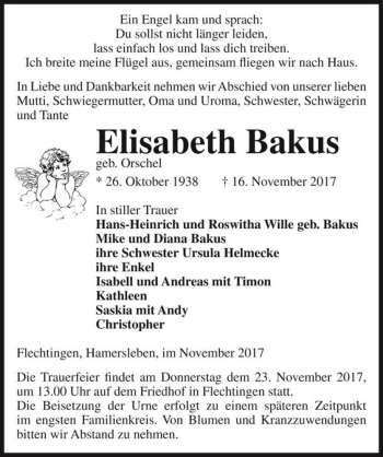 Traueranzeige von Elisabeth Bakus (geb. Orschel)  von Magdeburger Volksstimme