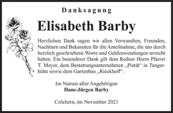 Traueranzeige von Elisabeth Barby  von Magdeburger Volksstimme